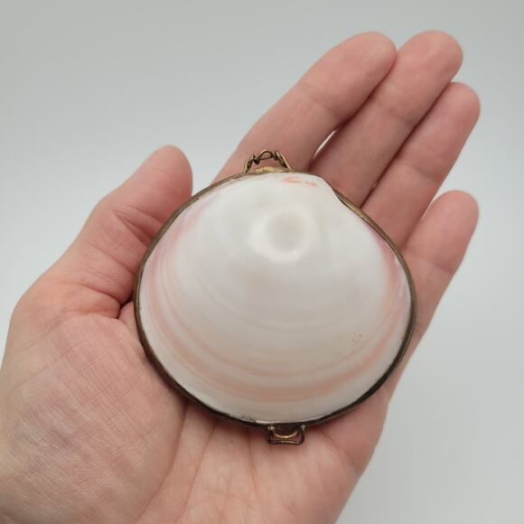 Seashell Hinged Trinket Box 3" Brass-Tone Rim Coastal Vanity Decor Siren Mermaid - Picture 6 of 13